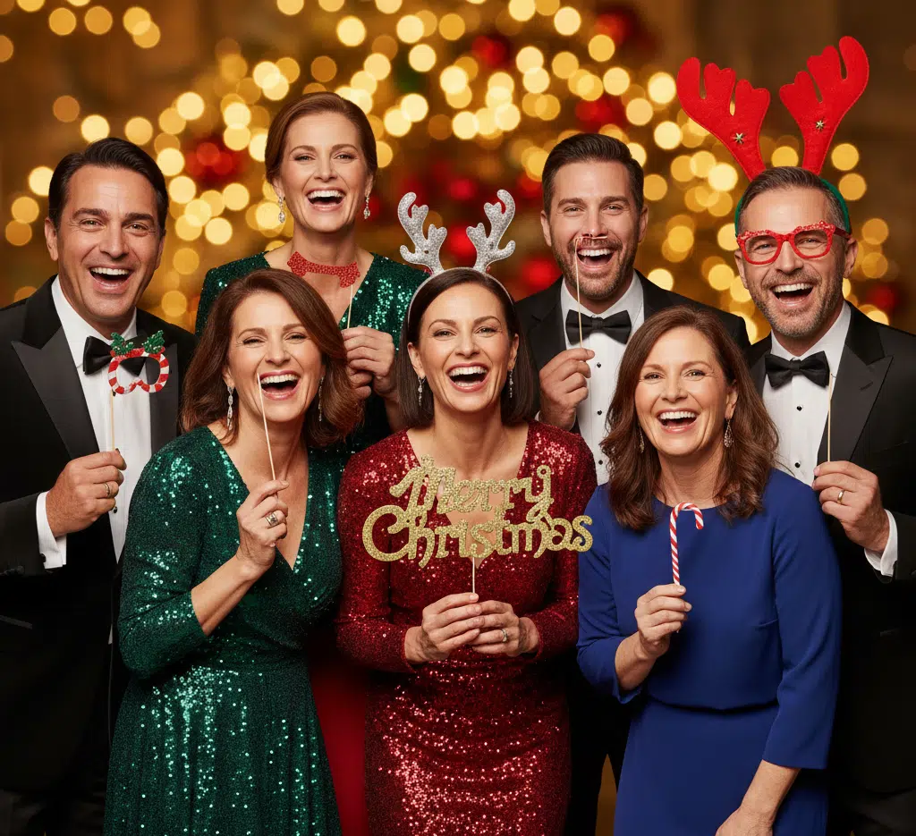 Décoration de Noël chic dans un salon parisien avec un grand sapin illuminé pour une réception événementielle haut de gamme.