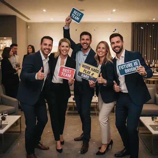 Équipe de collaborateurs soudée lors d'une activité de team building photobooth à Paris.