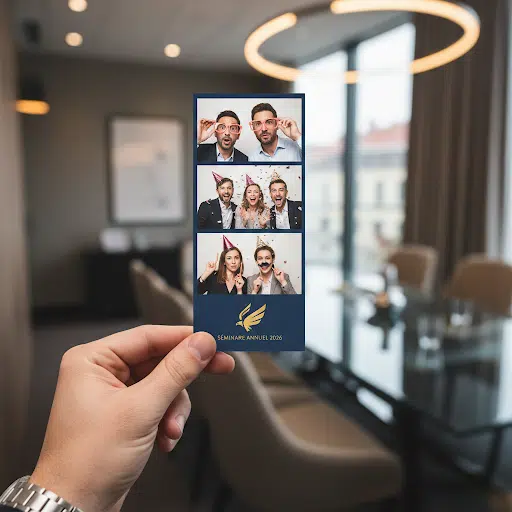 Main tenant un tirage photobooth avec logo personnalisé pour un séminaire d'entreprise.