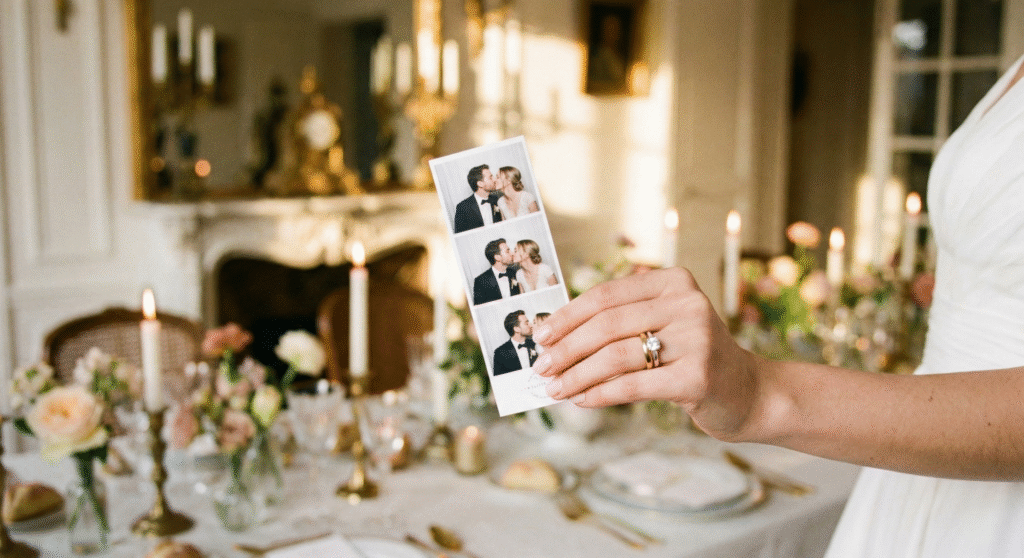 Mariée tenant un tirage photo souvenir de son mariage chic à Paris.