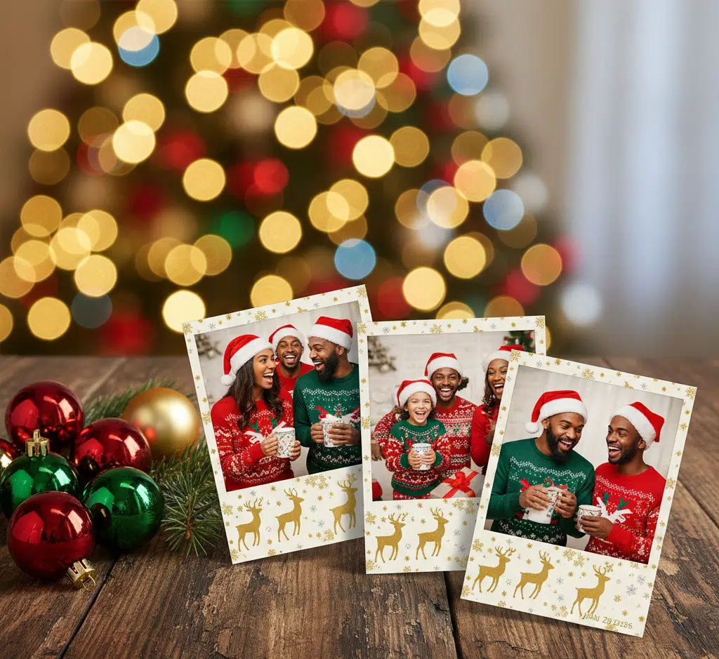Impressions de photos instantanées personnalisées avec thématique de Noël et cadres festifs posées sur une table
